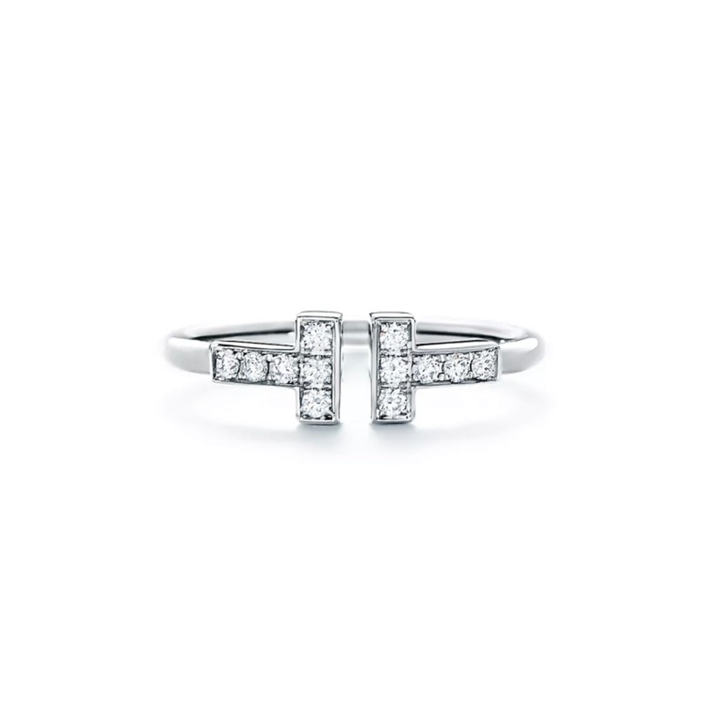 18k white gold Tiffany T Diamond Wire Ring w/ round brilliant diamonds